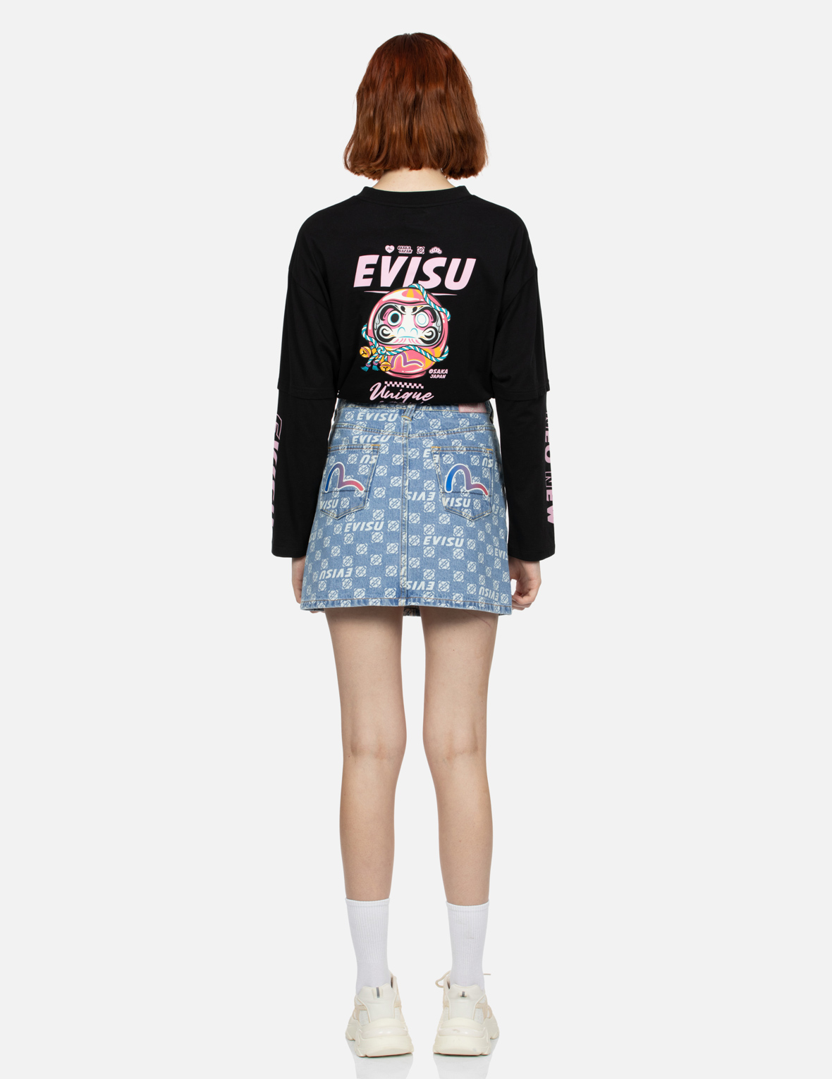 Allover Logo and Kamon print Relax Fit Denim Skirt 